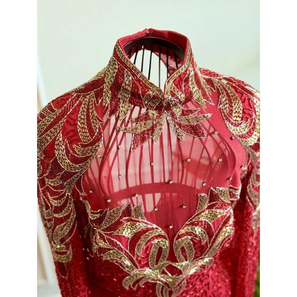 Vintage Beaded Red Evening Dress |  Hollywood Glamour Dress | Red Beaded Dress - Picture 4 of 13